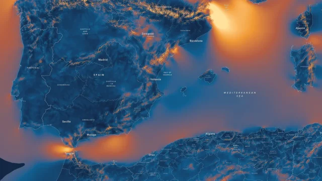 Map of Mediterranean Sea showing power density of wind.